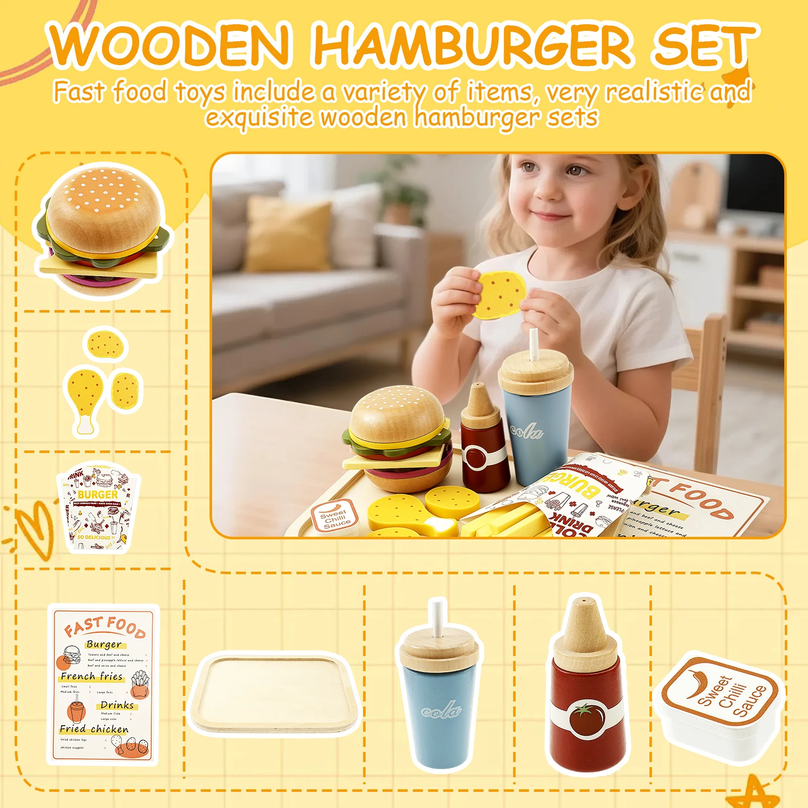미니어처 음식 나무 패스트푸드 플레이세트 사실적인 햄버거 감자튀김 플레이 음식 세트 트레이 콜라 소스 감자튀김 포함 인형의 집용