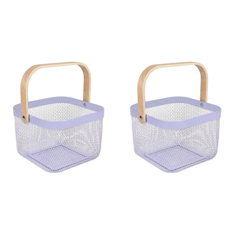 A74E-2X Metal Mesh Basket, Multi-Functional Hanging Kitchen Baskets Fruit Basket With Handle Purple