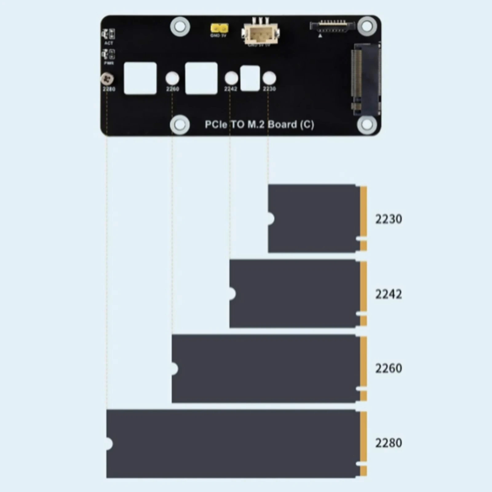 Placa adaptadora PCIe a M.2 NVMe SSD (C) HAT para Raspberry Pi5 Gen2 Gen3 2260 2280