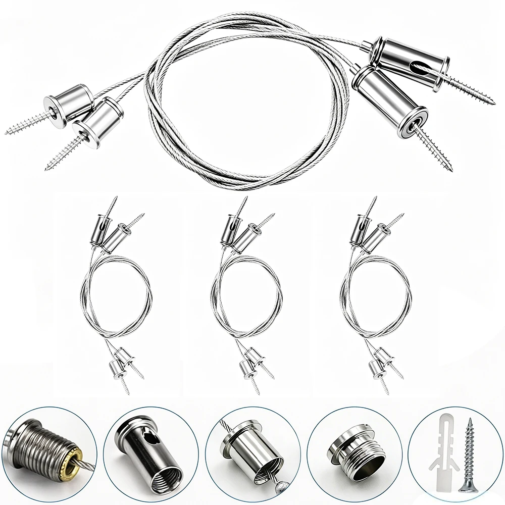 2/4Set 1.5mm 1M Adjustable Chandelier Wire Rope Kit, Stainless/Brass T-Head Hanging Cable for Light Panels