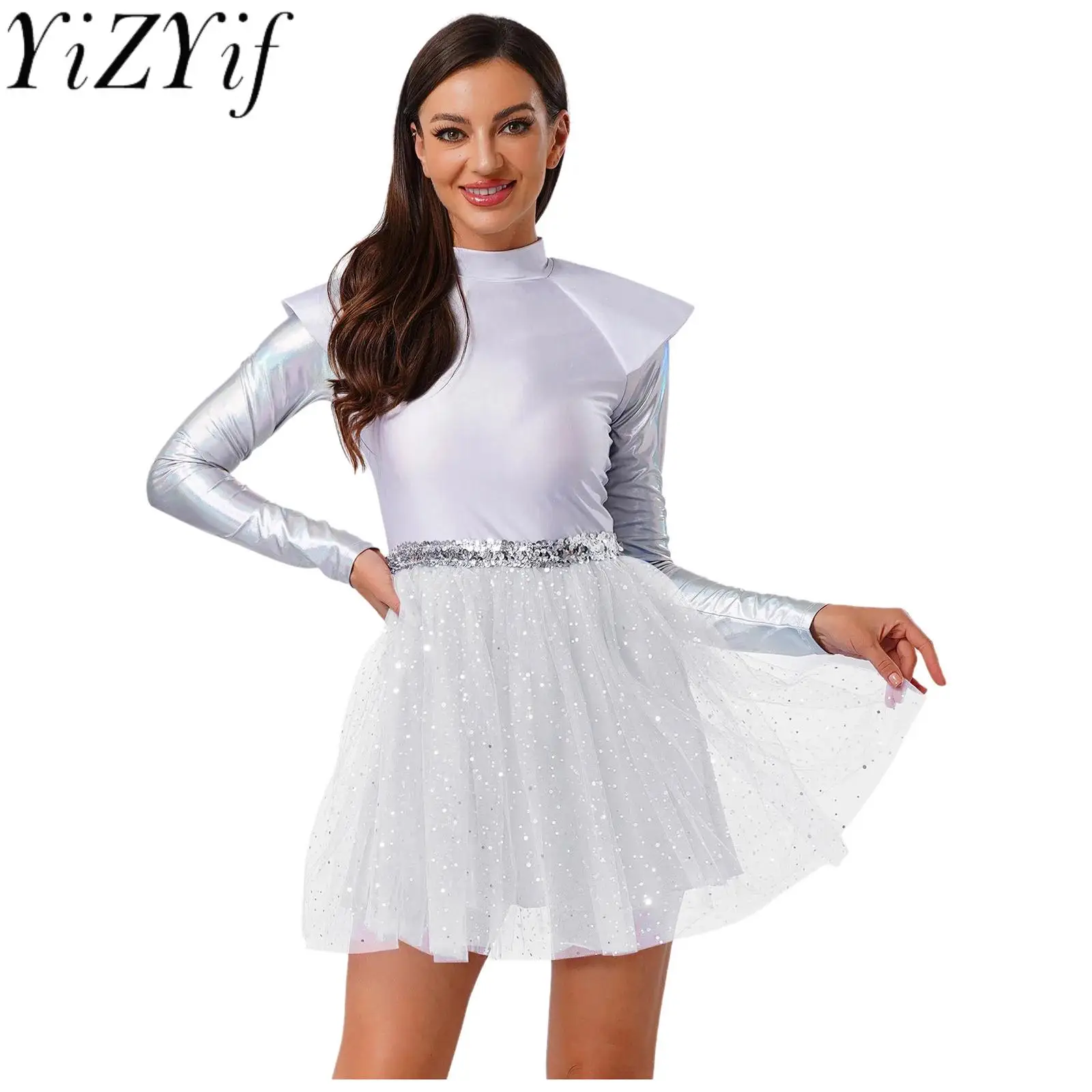 

Halloween Alien Role Play Dress Costumes Women Fashion Metallic Tulle Dress for Outer Spaced Alien Cosplay Themed Party Carnival