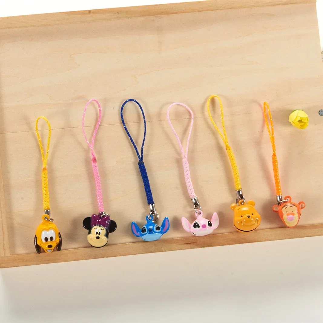 

Disney Stitich Mickey Small Bell Pendant Kawaii Anime Figures Phone Case Rope Key Chain Backpack Decoration Keychain Lovers Gift