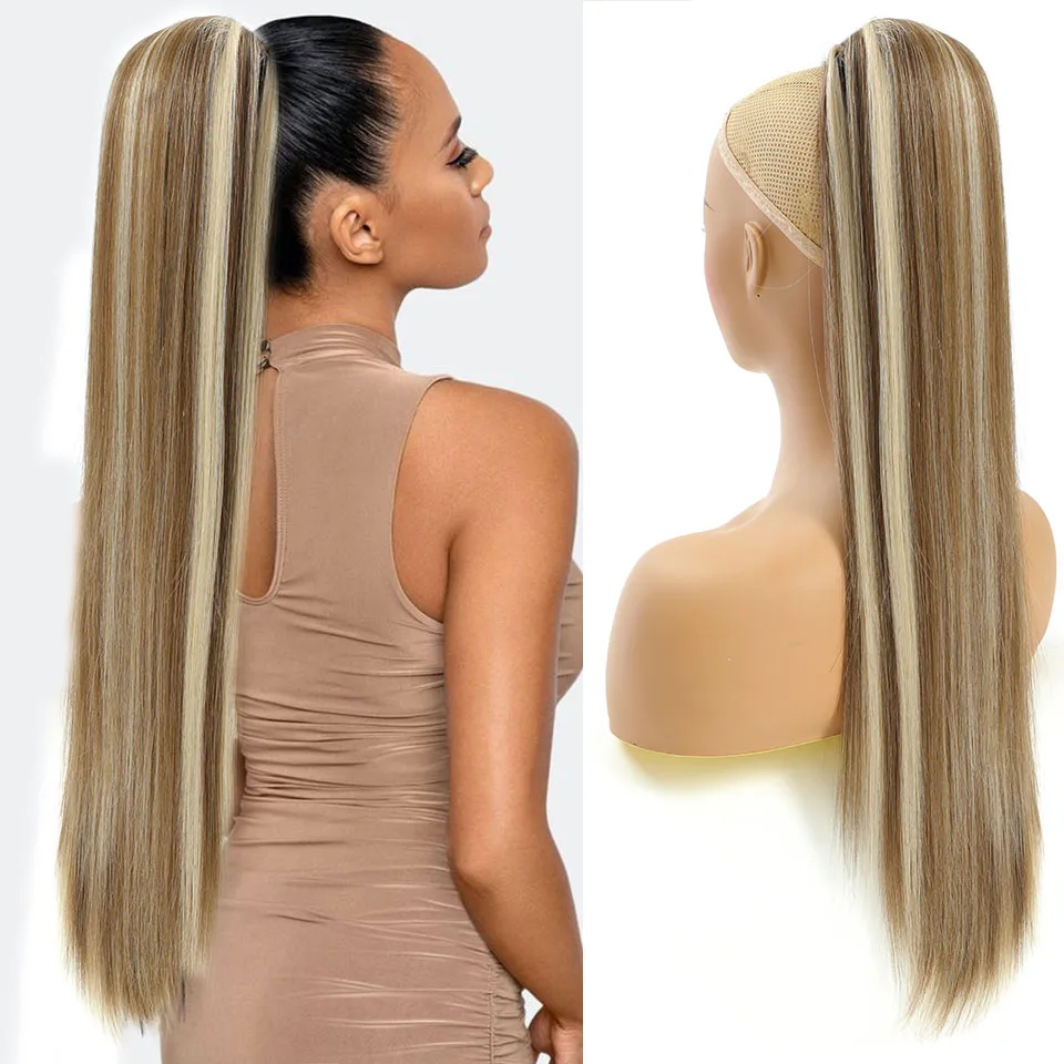 Extensiones de Cabello sintético para mujer, coleta larga y recta con cordón, resaltado Rubio