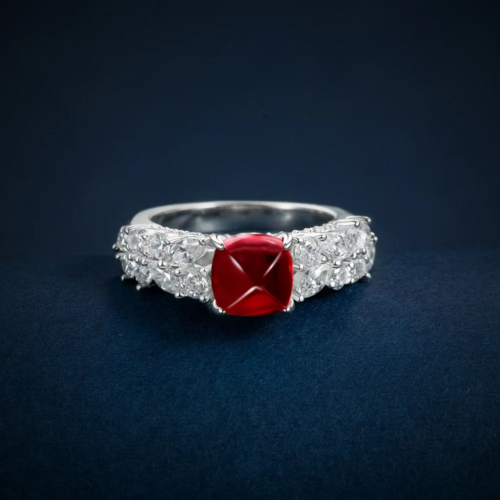 New s925 Silver Red Sugar Tower 6.5mm Red Corundum/Cultivated Ancestral Green 1.7ct Simple Row Diamond 925 Silver Ring