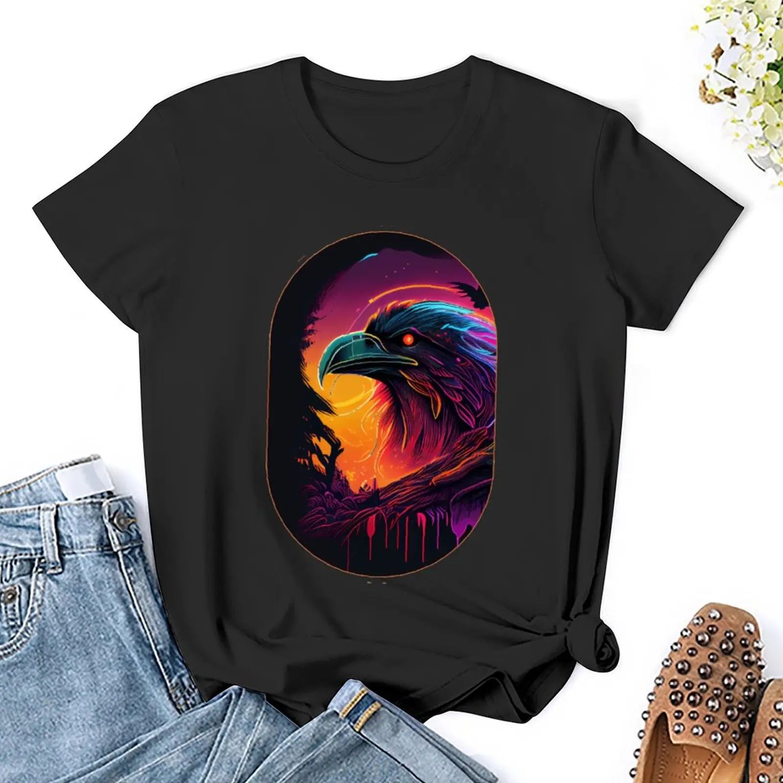 Synthwave Raven Skull Demon Slayer 19 T-shirt Harajuku Motion Tshirt Vintage Leisure Humor Graphic