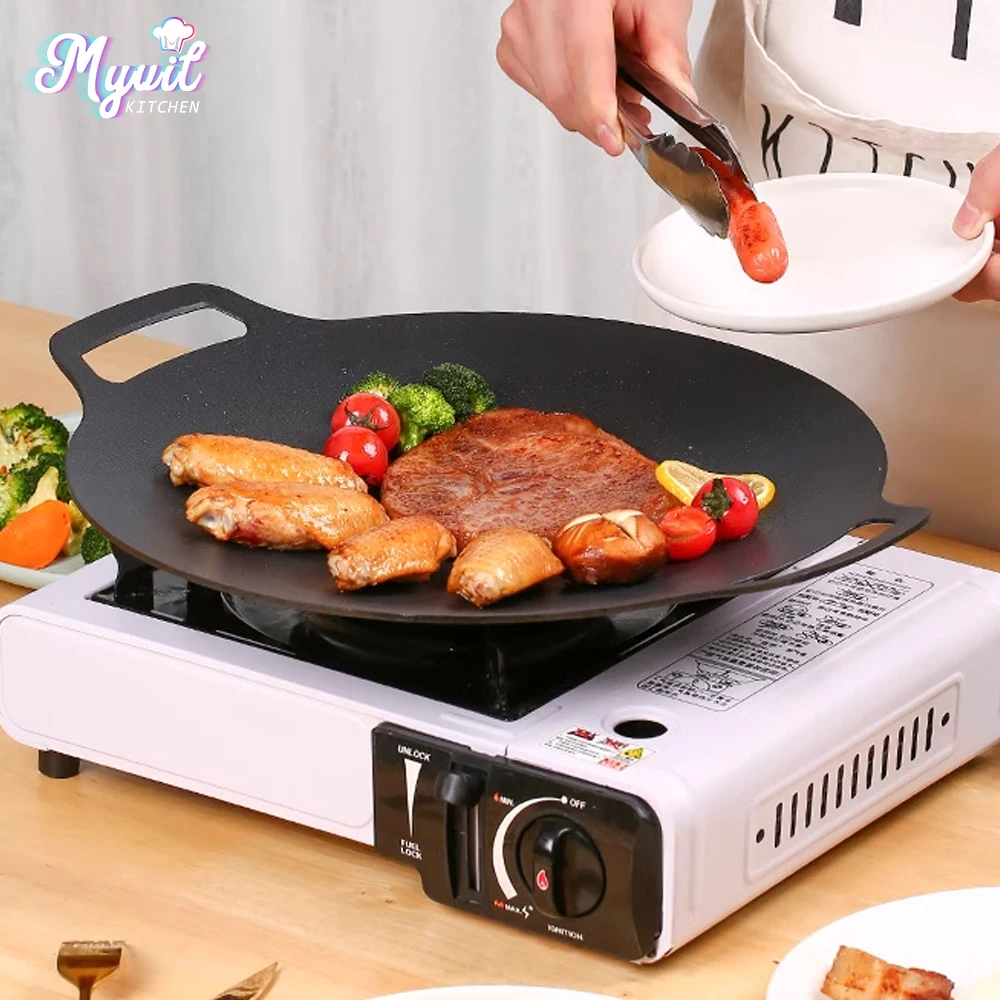 BBQ Grill Pan Korean Round Pots Outdoor Camping Bakeware Tray Thick Cast Iron Barbecue Frying Pan Kitchen Non-stick Cooker