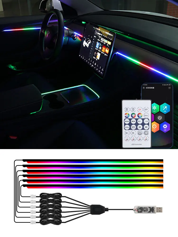 6/10 w 1 Samochodowe oświetlenie otoczenia LED RGB Symphony Auto Interior Strip Lights Remote/APP Control Dekoracyjna lampa atmosferyczna — 2