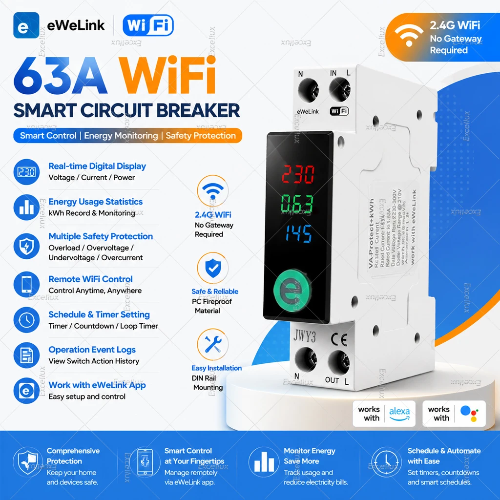 Disjoncteur intelligent WiFi EWeLink MCB 1P+N 63A avec relais temporisé, mesure de l'énergie (KWh), protection contre les surtensions et les surintensités, contrôle à distance