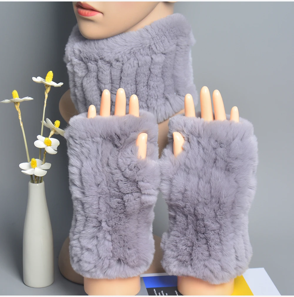 One Set Women Real Rex Rabbit Fur Cuff+Headband Winter Warmer Hat Arm Wrist Sleeve Gloves Female Real Fur Cap+Elastic Wristband