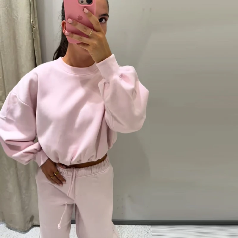 

Женский комплект с короткими штанами с капюшоном и круглым вырезом, однотонный повседневный уютный комплект спортивной одежды, топ, брюки, комплект из двух предметов, осенняя новая уличная одежда