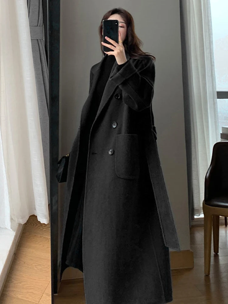 Zoki Fashion Long Wool Coat Women Elegant Faux Wool Casual Belt Long Jacket Winter Office Lady Double Breasted Simple Outwear