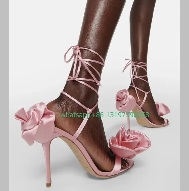 

Lady stain pink 3D rose design high heels elegant open toe lace-up slingback pink banquet dress high heels size 35-43 footwear