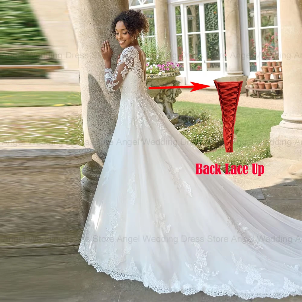 ANGEL Civil Wedding Dresses For Bride Customized Long Sleeves Backless Scoop Bride Gowns A-Line Lace Applique vestido de noiva
