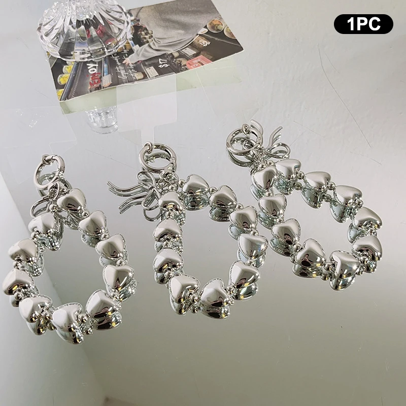 Fashion Love Heart Beaded Phone Lanyard Simple Silver Color Phone Chain Keyring Anti-Lost Phone Strap Wristband Camera Pendant