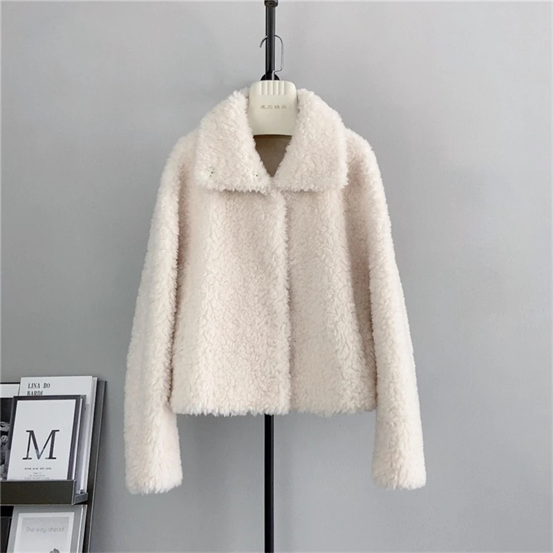 Casaco monocromático de botão Sheep Shearling para mulheres, parka composta, jaqueta curta quente, lã de cordeiro, fêmea, outono, inverno, PT471