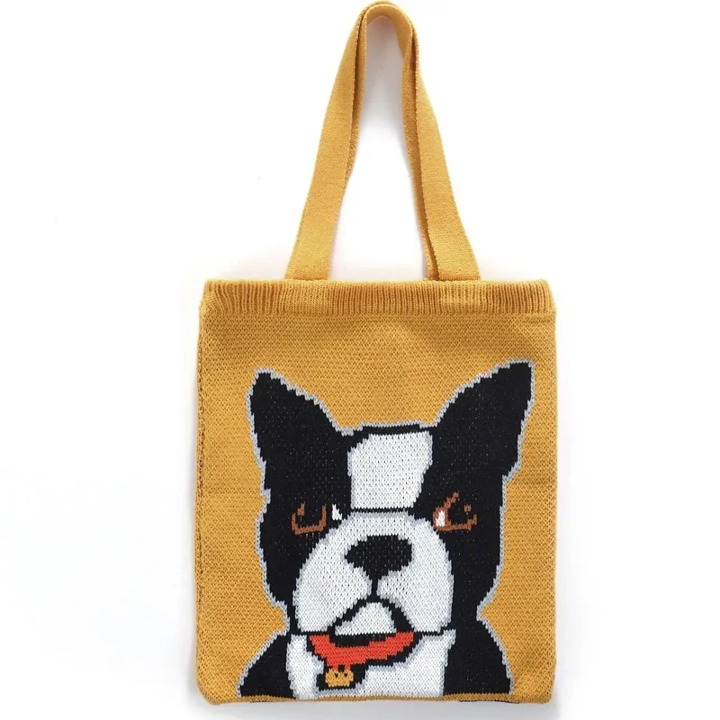 Teenager Cute Kawaii Knitted Top-handle Tote Bag Female High Street Ins Fashion Pet Dog Animal Pattern Soft Open Shopper Handbag