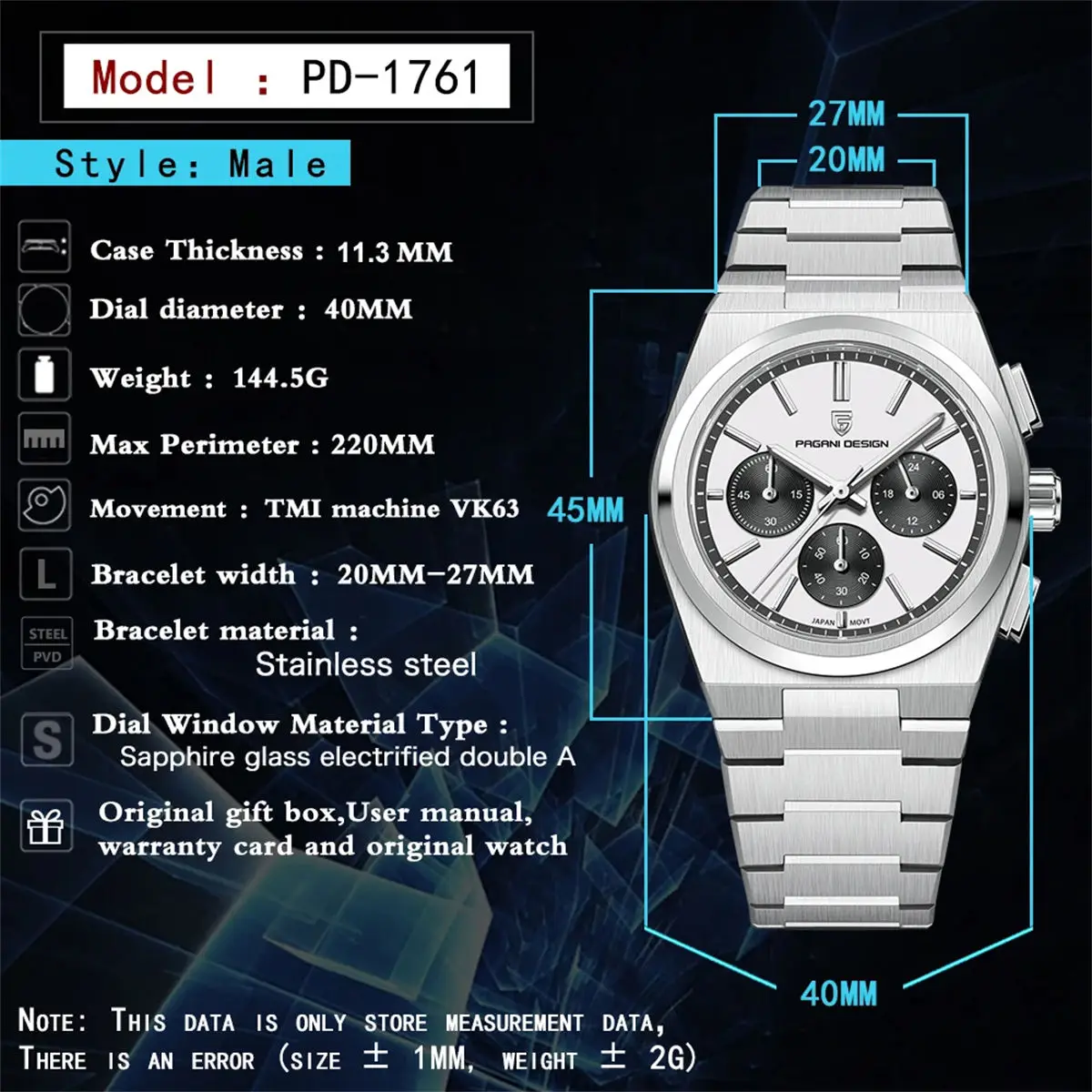 PAGANI DESIGN Quartz VK63 Mens Watch Chronograph Watch thumbnail 2