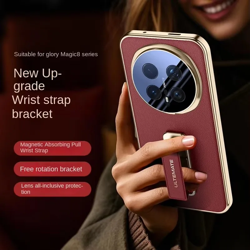 Luksusowe skórzane etui z paskiem na nadgarstek i metalową podstawką do Honor Magic 8 Pro magic8, smukłe, twarde, w pełni otulające obiektyw, tylna obudowa. — zdjęcie produktu 2