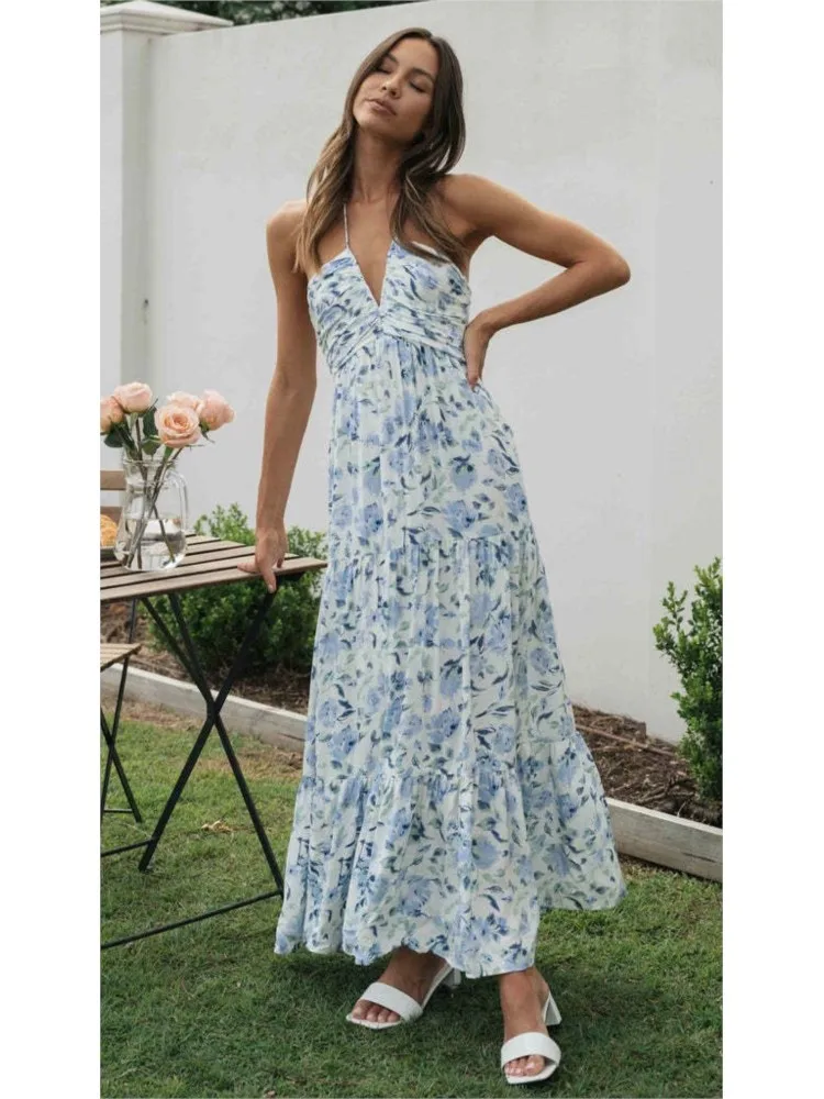 

Flower Print Halter Neck Leace-up Long Dresses Women Fashion Sexy V-neck Backless Beach Vacation Dress Female Trendy Beachwear