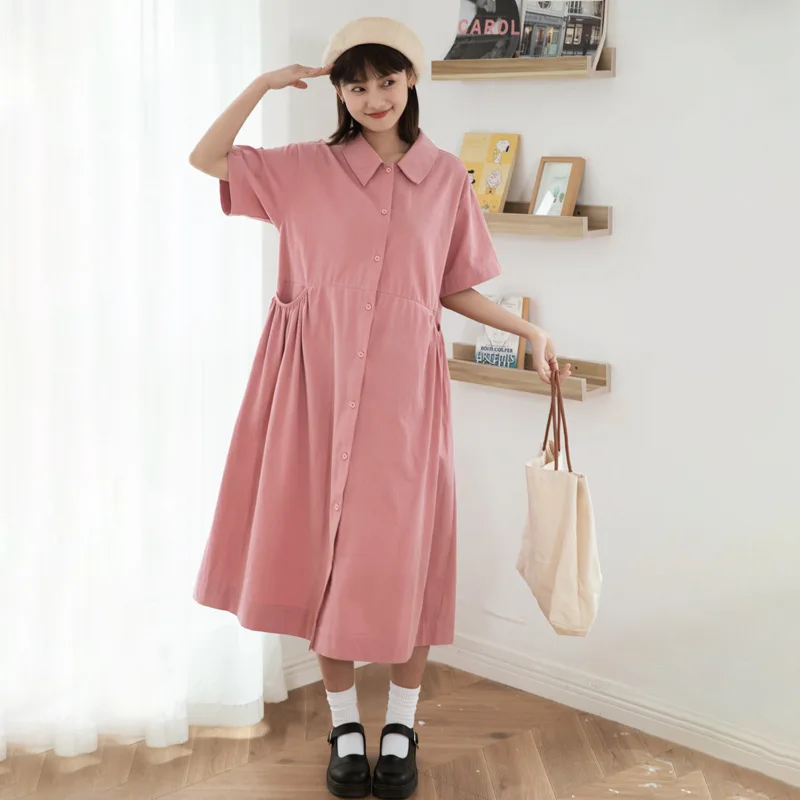 Vestido camisero de cuello Vintage para mujer, vestido informal japonés de manga corta con botones, holgado, de cintura alta, plisado con bolsillo, color rosa, 2023