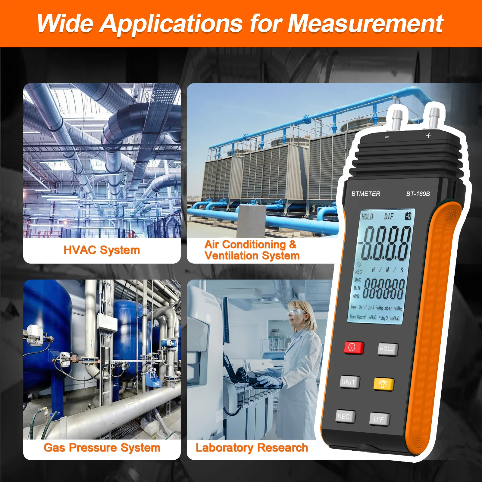 Portable Digital Differential Pressure Gauge, BT-189B Dual Port Air Pressure Detection, For HVAC & Gas Pressure Systems Test - Image 6