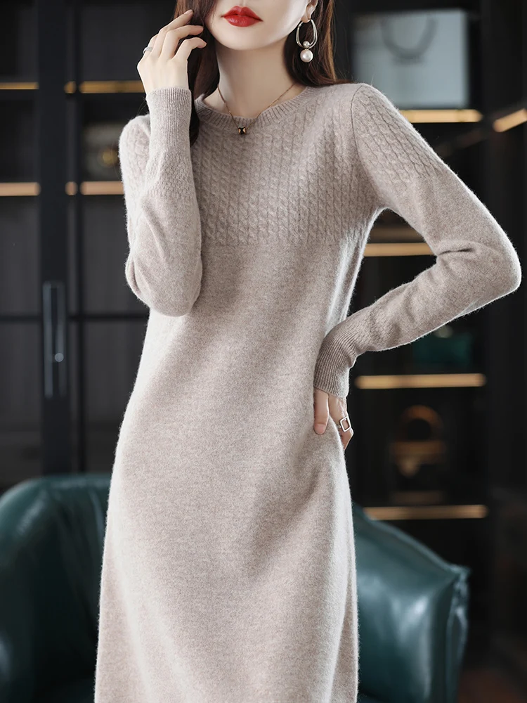 LHZSYY 100% lana merino vendita calda abito lavorato a maglia in cashmere per le donne inverno / autunno o-collo abiti femminili maglioni stile lungo