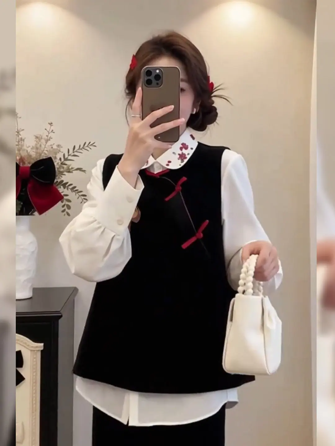 

plus Size Women's New Chinese Sle Vest Top Set Faionable Versatile Spring irt Two-Piece Suit High Waist Warm Long Sve