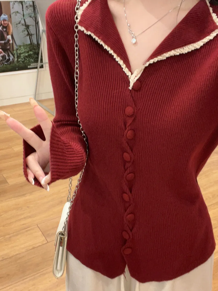 

Красный вязаный приталенный кардиган с кружевным воротником в корейском стиле для повседневной носки и работы