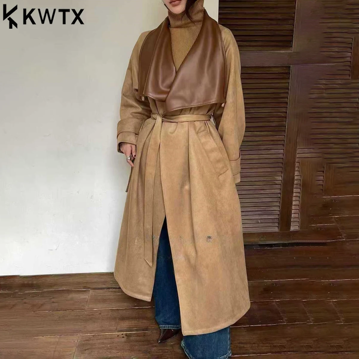 

KWTX 2025 Women’s Long Faux Leather Trench Coat Belted Lapel Solid Color Fall-Winter Elegant Vintage High Quality Casual Chic