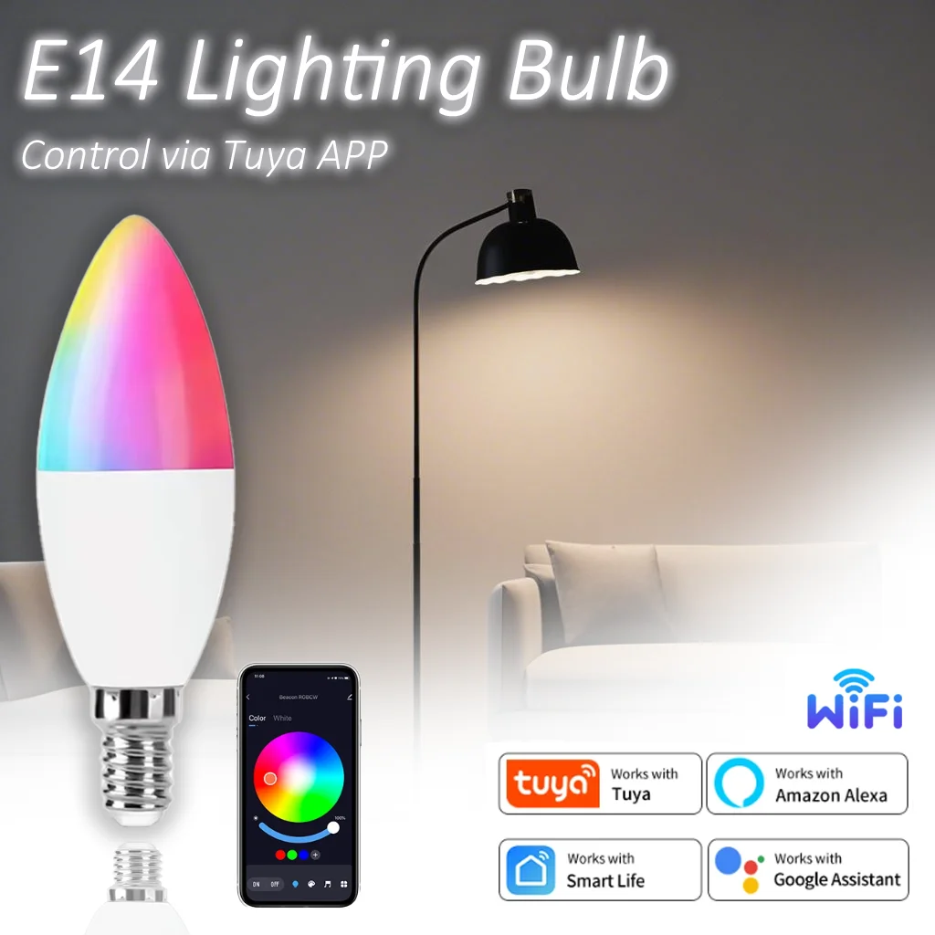 

Tuya E14 Wi-Fi Smart Bulb 220 В 5 Вт 7 Вт 9 Вт с регулируемой яркостью RGB Light Поддержка приложения Alexa Google Assistant Домашнее голосовое управление Домашнее освещение
