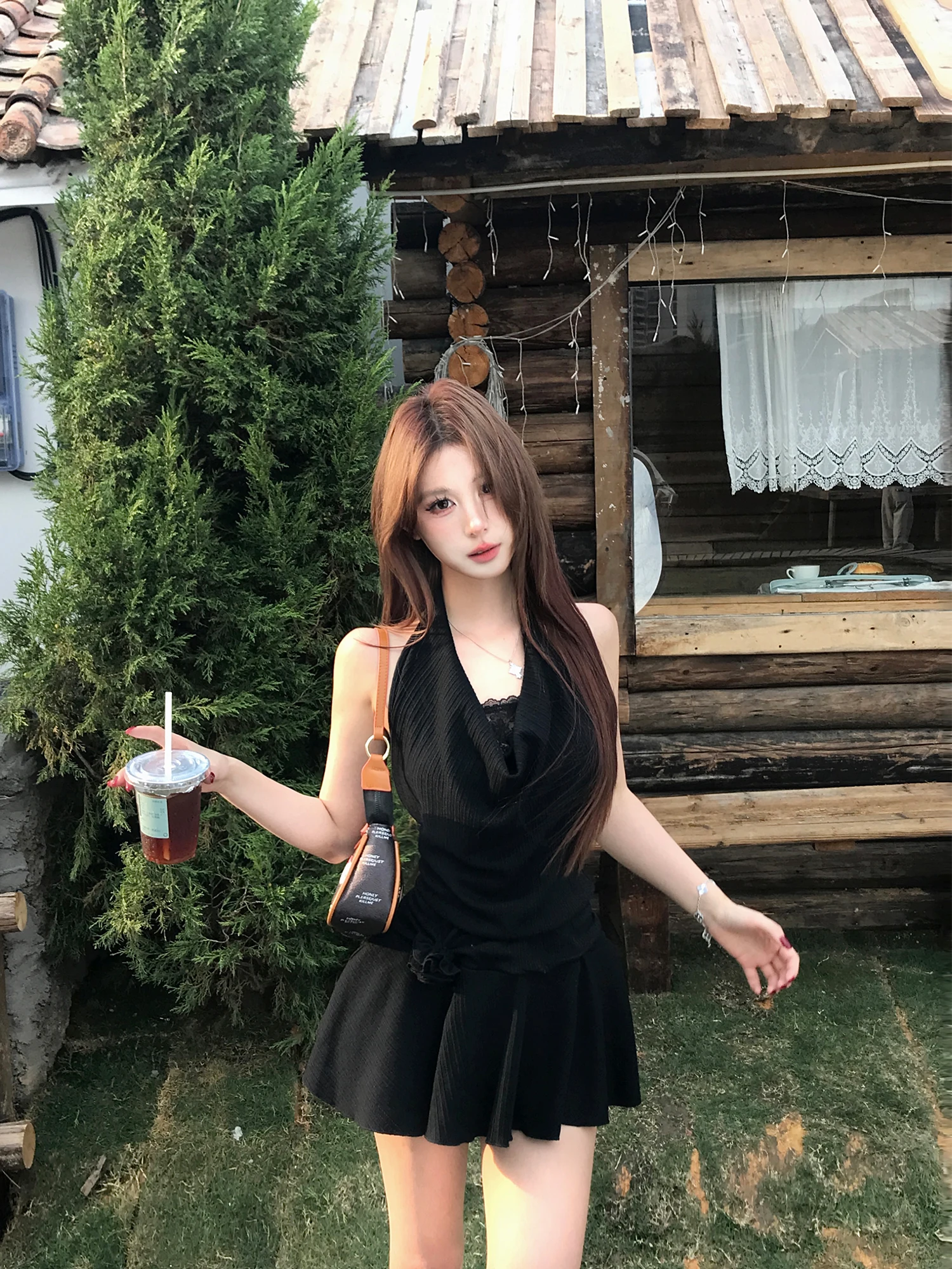 

Mejiu Honey Nine k Elf Bla Sexy Lace Dr Women Pure Desire Hanging Ne Dr High Waist A-Line Skirt Spring Summer