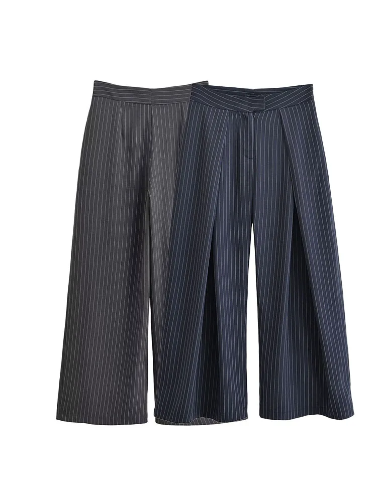 HH femme 2 couleurs élégant automne plissé décoration fermeture éclair jambe large pantalon femme loisirs ample rayures Style de rue pantalon