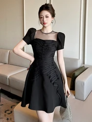 French Elegant Chic Mini Dress Women's Unique Design Black Diamonds Sheer Bubble Sleeve Ball Gown Female Dance Party Vestidos