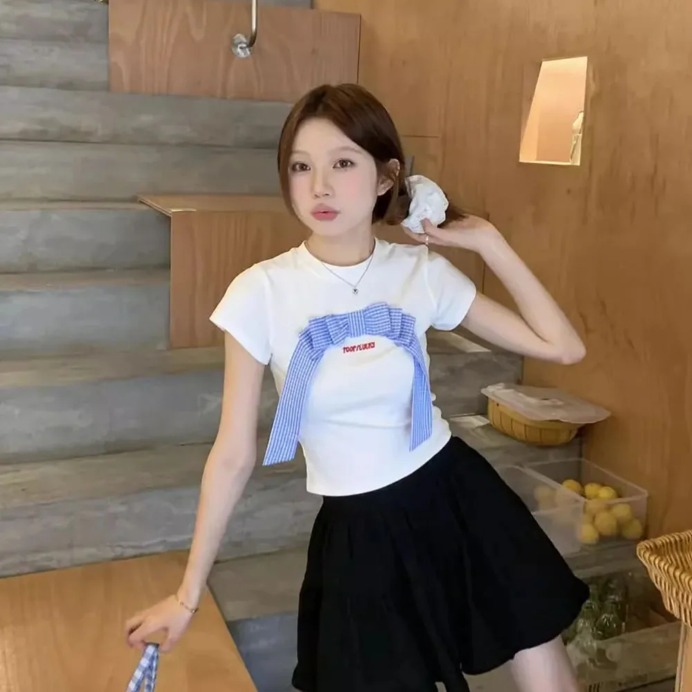 Woman Clothing Sweet White O-Neck Bow Short Sleeve T-Shirts Summer Women New Design Letter Print Crop Top Female Cute Slim Tees