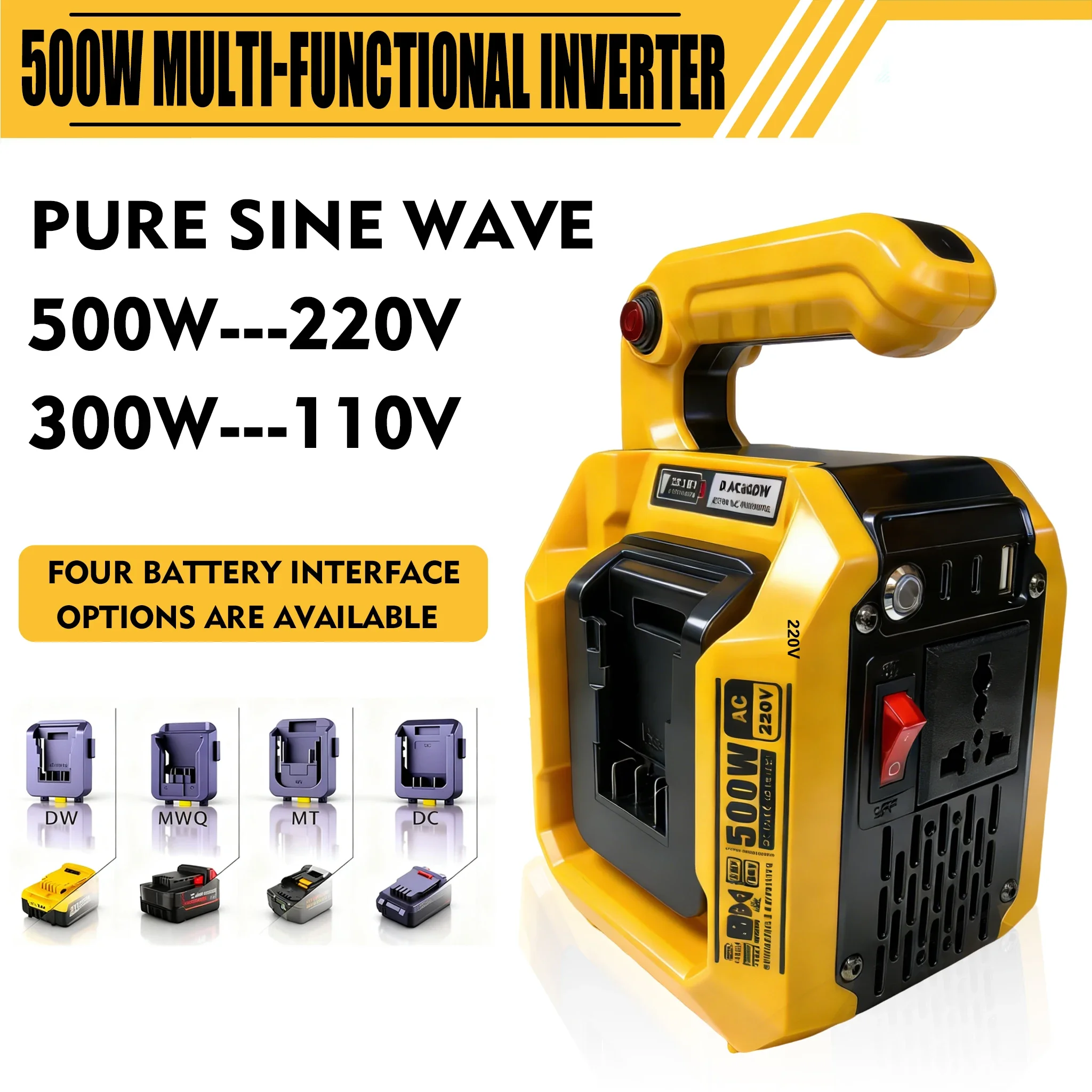 500W Reiner Sinus-Wechselrichter DC zu AC 110V 220V Dual für Dewalt Makita Milwaukee 18V-20V Akku Tragbare Stromversorgung für Outdoor