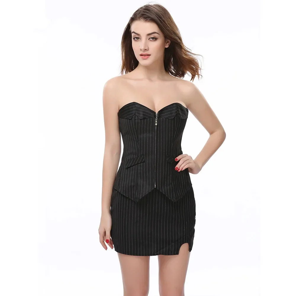 

Sexy Black Striped Overbust Corset Office Lady Corselet Skirt Set Dress Sexy Women Zip Corset Bustier Strapless Tops Costume