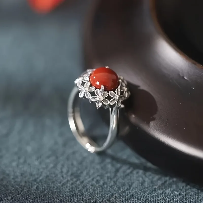 Vintage Ethnic Flowers Set with Imitation Onyx Garnet Ring Women's Elegant Classical Court Style Jewellery Holiday Party Gift image 2