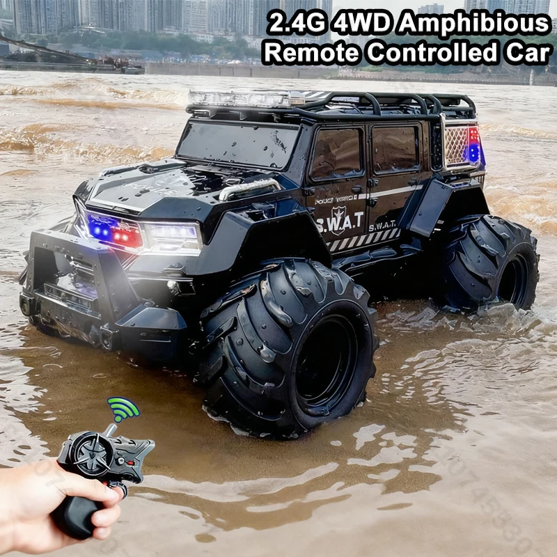 4WD Remote Controlled Car Amphibious Stunt Vehicle Police Car Climbing Vehicle Four-wheel Drive Off-road Vehicle Beach Toy Xmas