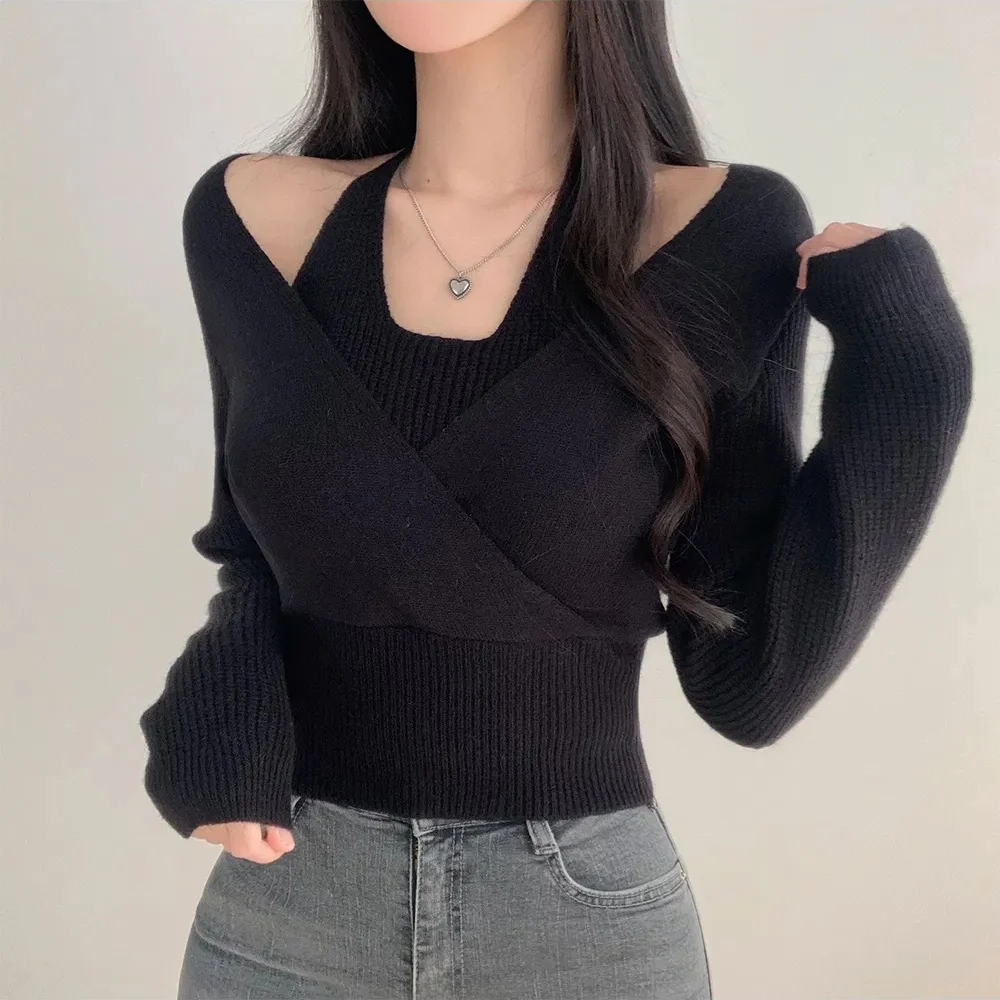

Spring 2026 Sexy Slim Fit Knitted Sweater Korean Sle Hanging Ne Belt Pure Color Long Sve Women's Top Polyester Fiber
