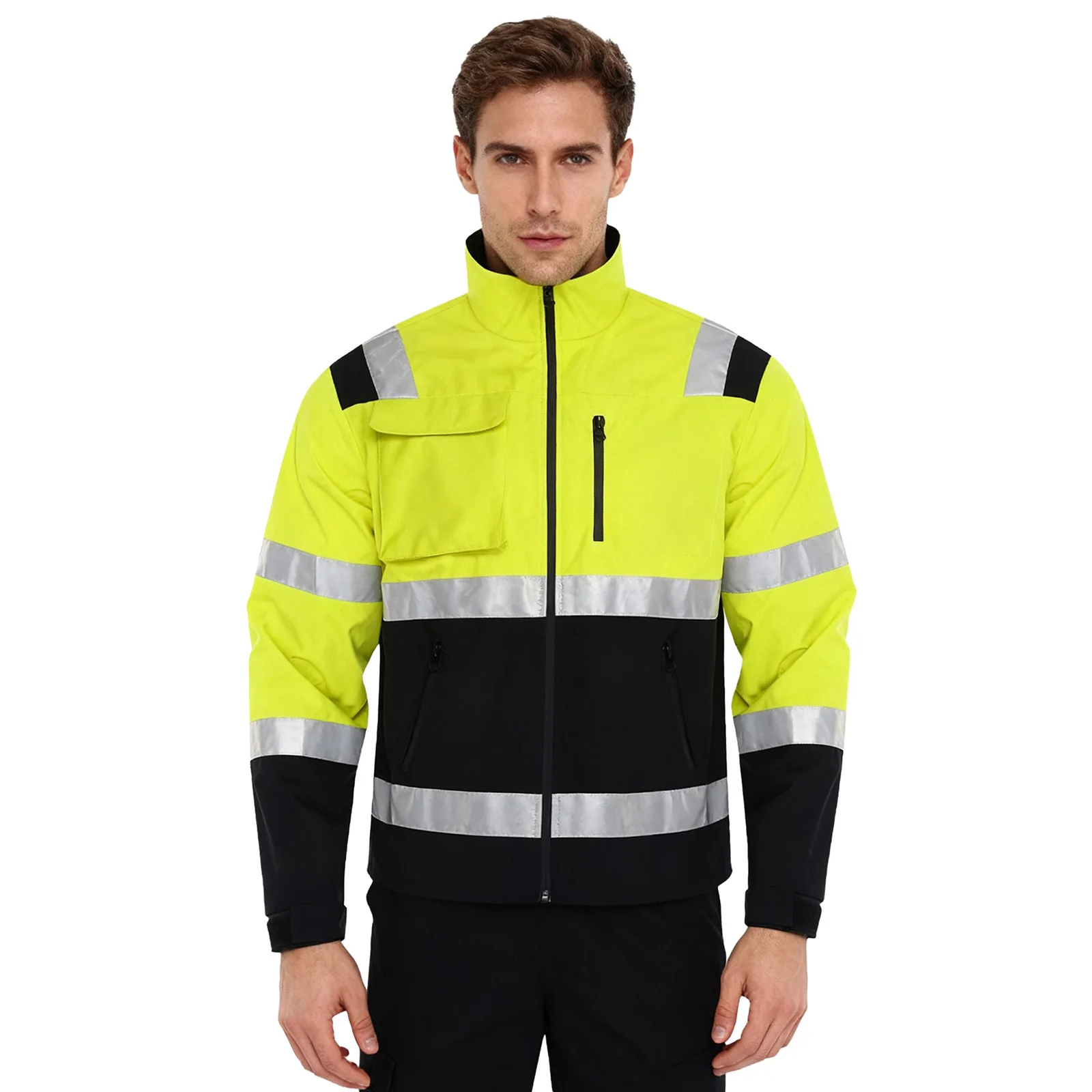 

Mens High Visibility Reflective Strip Jacket Water Resistant Work Uniform Outerwear Long Sleeve Zipper Workwear with Pockets