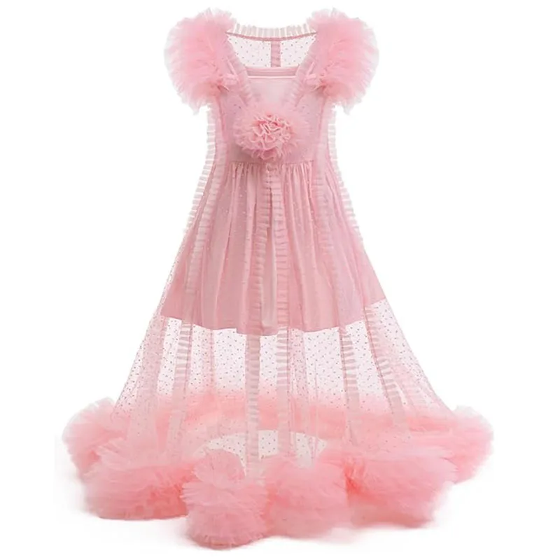 Girls Party Dresses Kids Puffy Pink Lovely Flower Tulle Princess Dress Girls First Communion Carnival Birthday Party Ball Gown