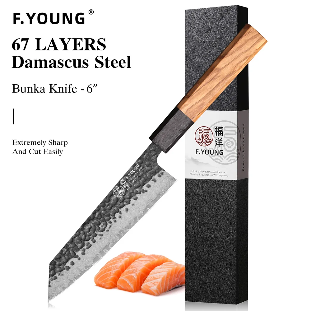 

F.YOUNG 6" Japanese Handmade Bunka Chef Knife Damascus Steel Professional Kiritsuke Kitchen Knives Sharp Cleaver Cooking Tools