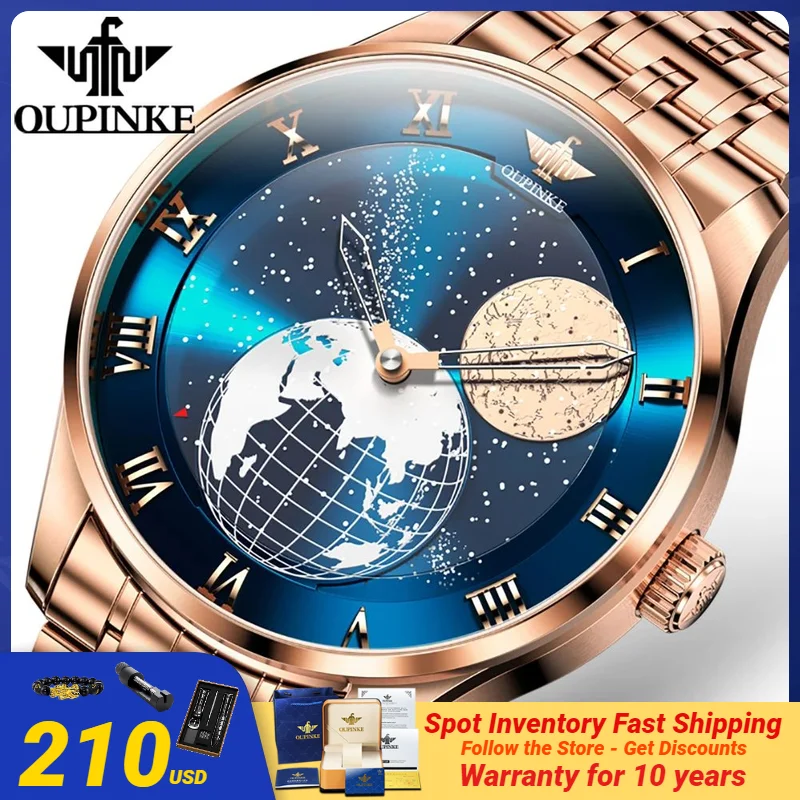 OUPINKE 3230 High Quality Men's Automatic Mechanical Watch Fashion 3D Design Earth Starry Sky Rotating dial Business Men's Watch