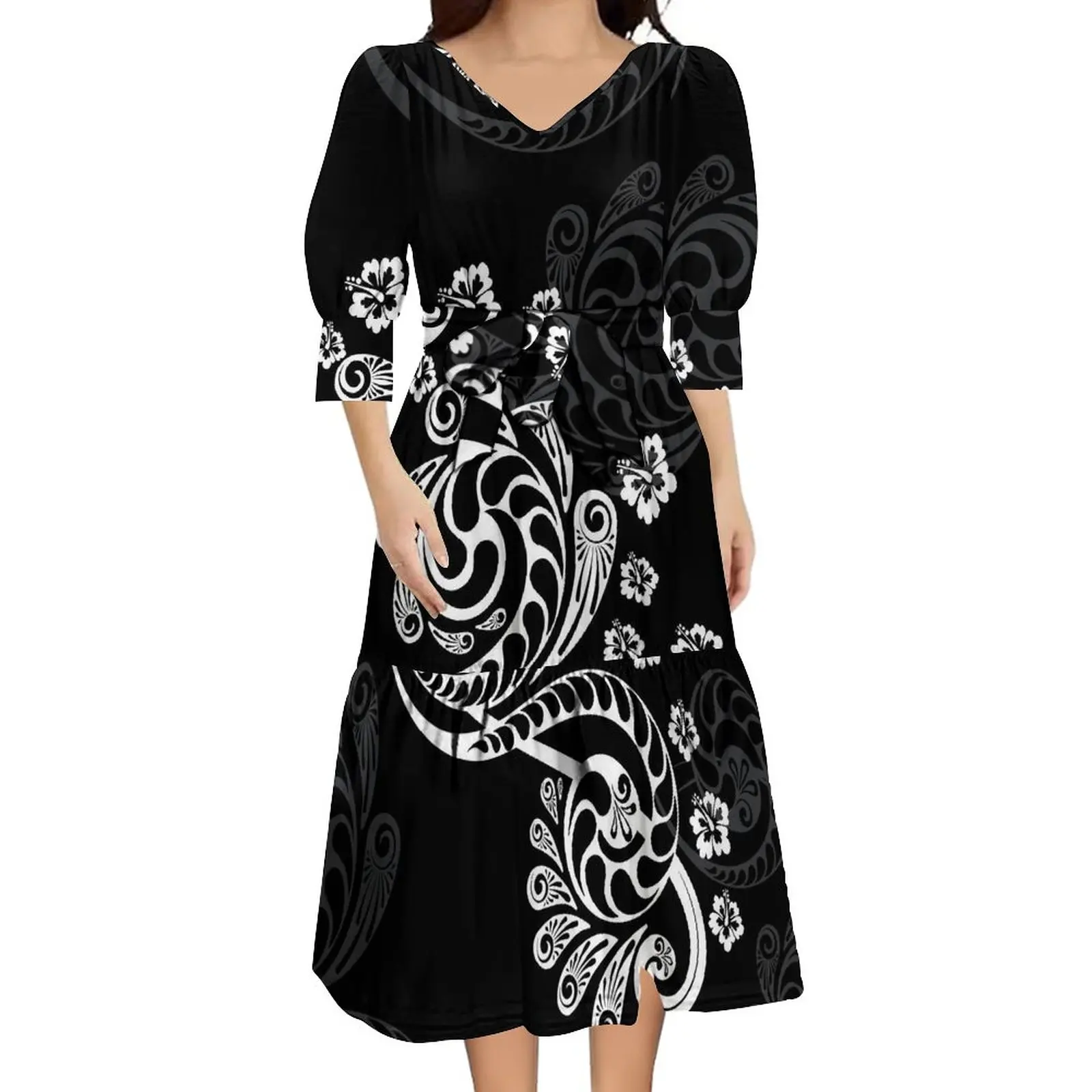 

Wholesale Women's Vintage Tribal Ethnic Style Puffed Sleeve Short Sleeve Dresses High Quality Custom Polynesian Banquet Dresses