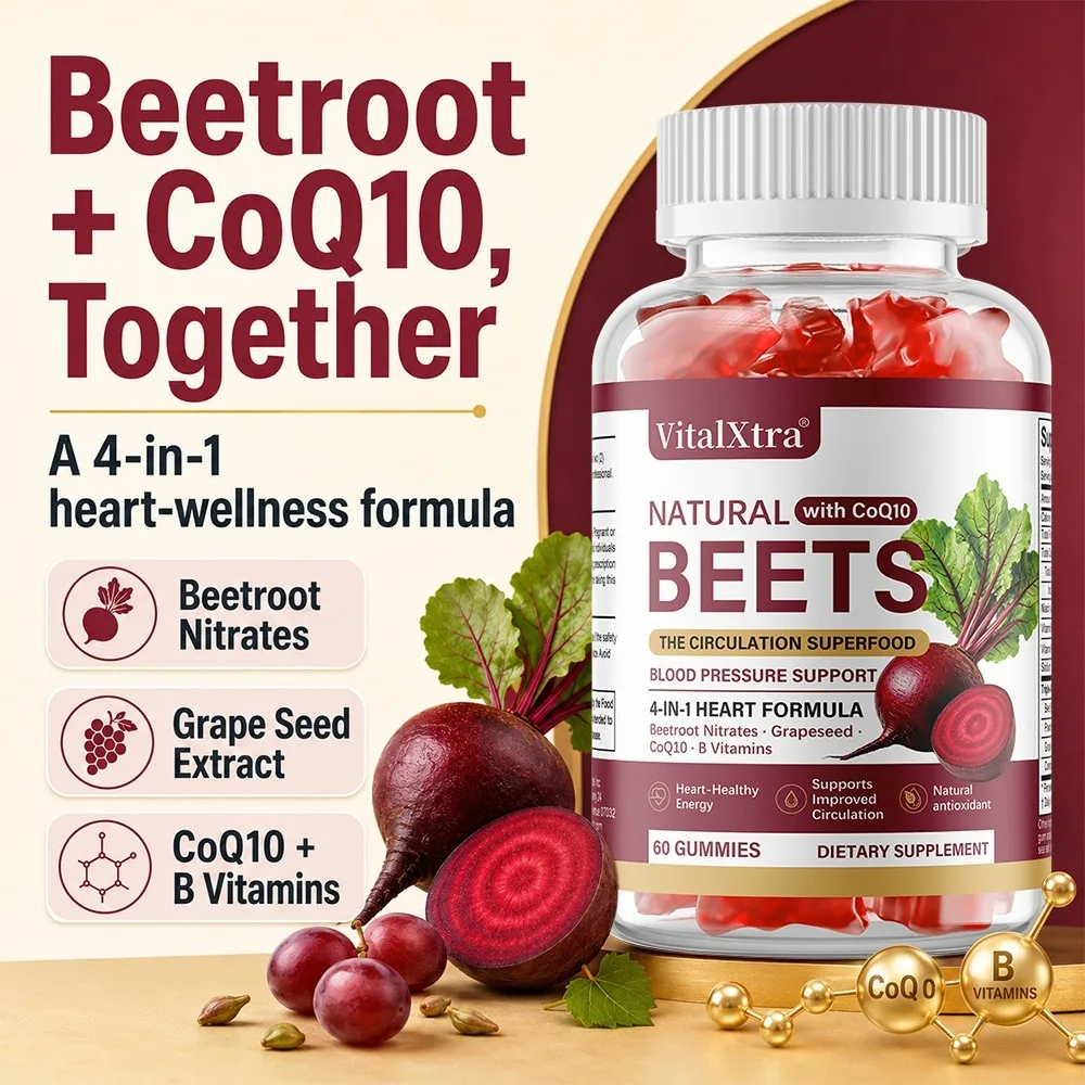 Beetroot Gummies with CoQ10, B Vitamins Grape Seed Extract Antioxidant Support, Daily Energy Supplement