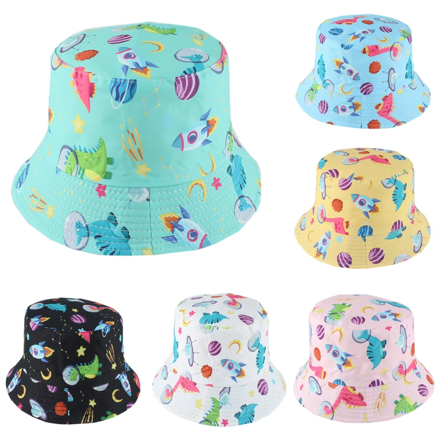 

New Panama Summer Cartoon Baby Bucket Hat Chilldren Cute Print Beach Sun Cap Baby Cotton Double Sided Fisherman Hat