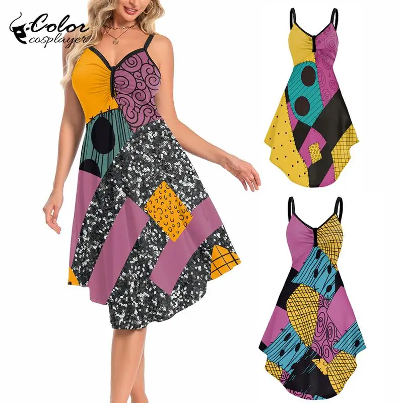 Sally Cosplayer Dress for Women, Sally Cosplay Costume, V Neck, Strap Lady, Sexy Dress, Patchwork Pattern, Party, Carnival Outfit, Color