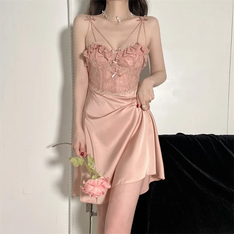 Frauen Hohl-out Nachtwäsche Sexy Nachtwäsche Spitze Weiß Satin Nacht Kleid Ärmellose Nachthemden V-ausschnitt Bogen Nachthemd