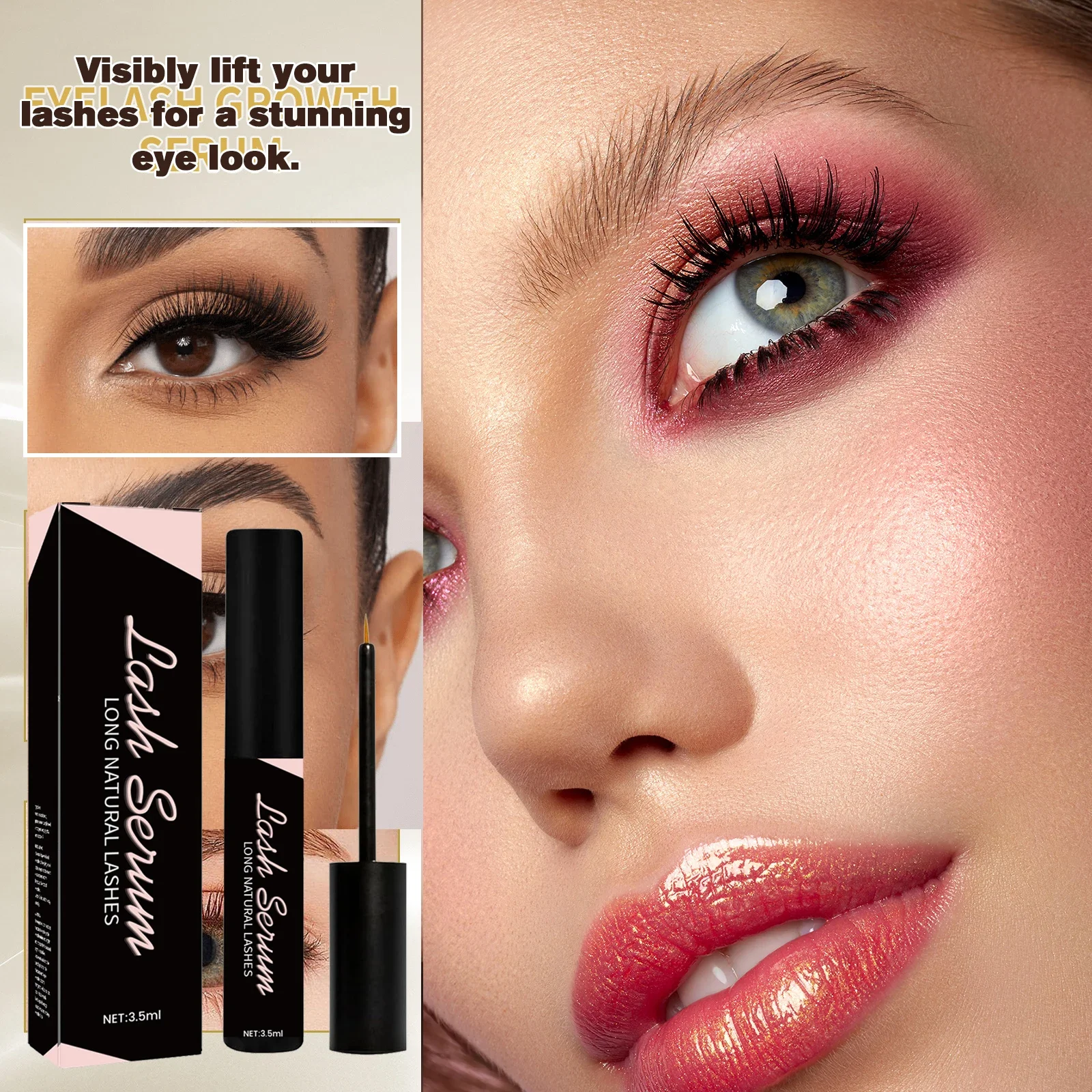 Wimpernserum hebt die Augenlider und verbessert das helle Augen-Make-up. Skulpt die Augen. Pflegende Wimpern. Reduziert Kräusigkeit