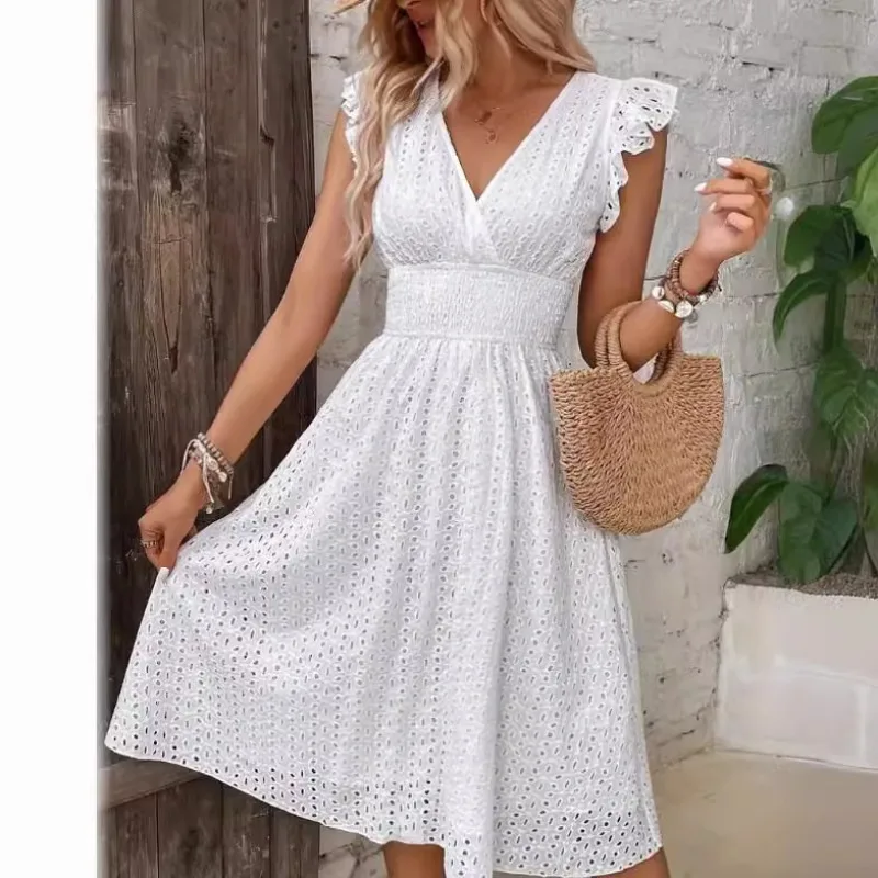 

Women's Dress with Multi Colored Hollow Lotus Leaf Sleeves, A-line Temperament, Elegant, Fresh, Sweet, Summer New Product